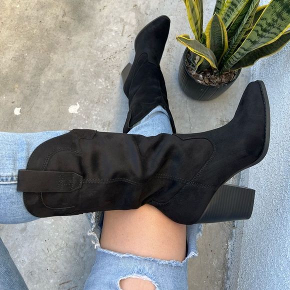 Black Cowboy Western Faux Suede Boot - Picture 8 of 8